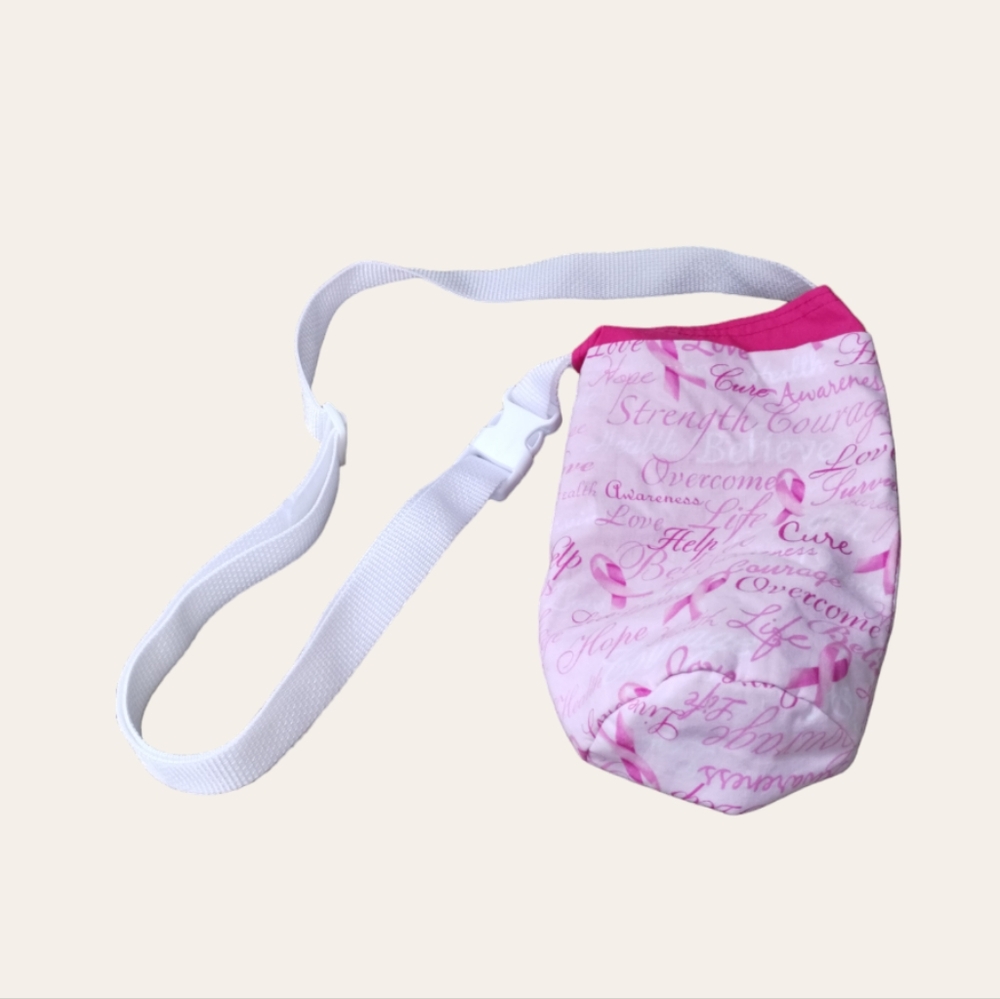 Breast Cancer Awareness cloth fabric pink and white water bottle holder.